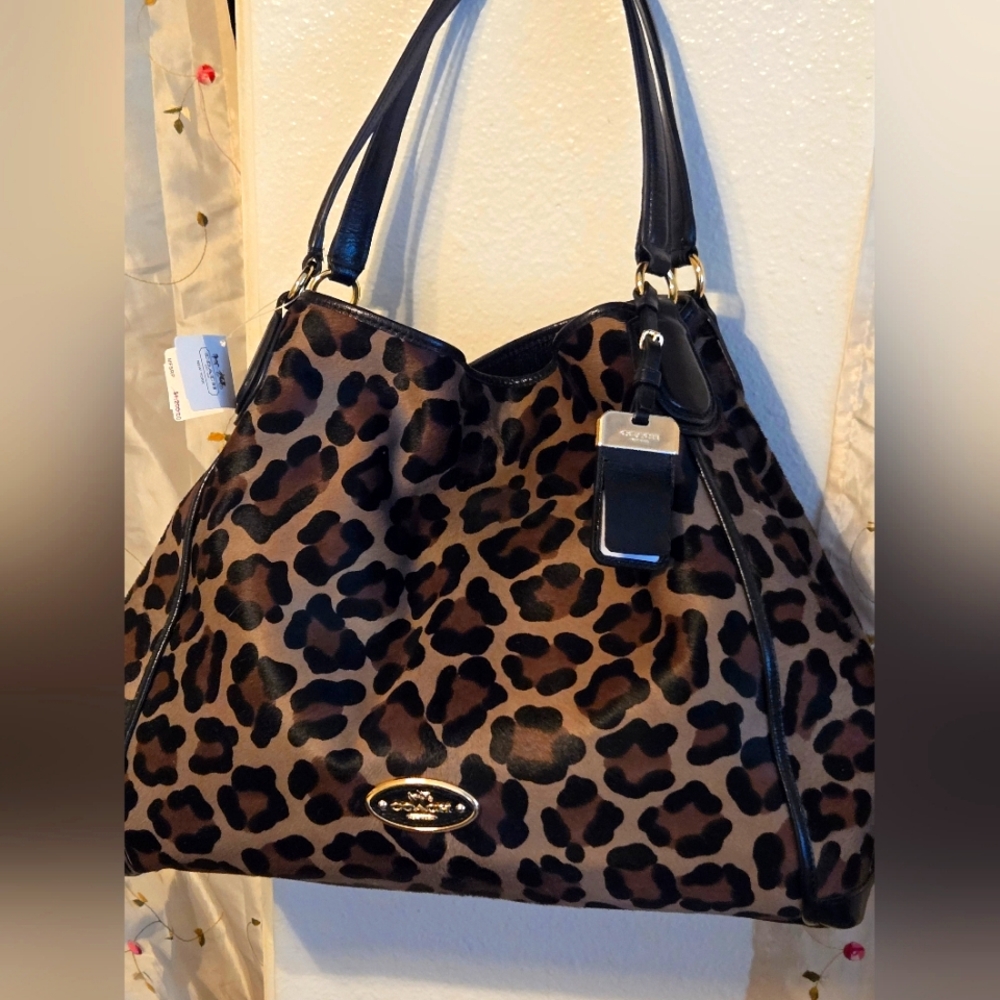 COACH Large Edie Ocelot Leopard Print Haircalf Leather Shoulder Bag 33605 $1200
